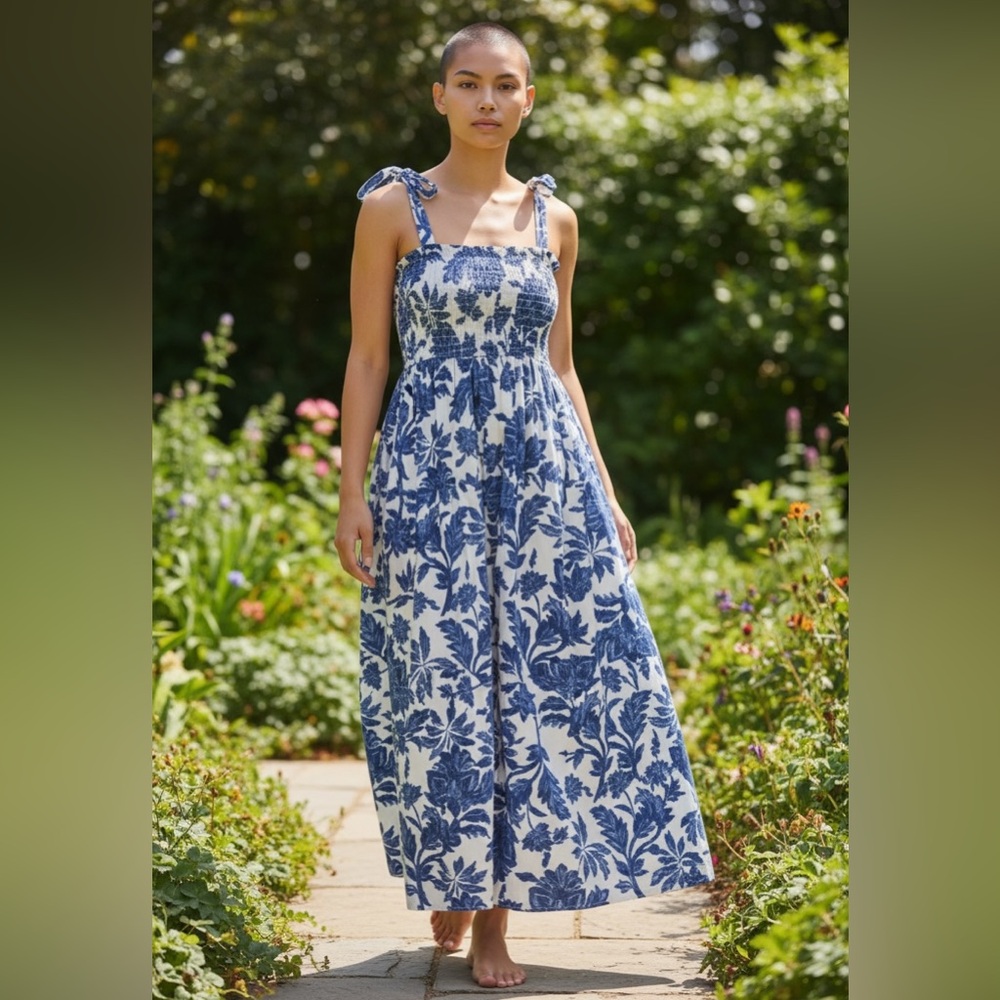 Floral Smocked Dress Skirt Blue White Convertible Resort Summer - Picture 5 of 7